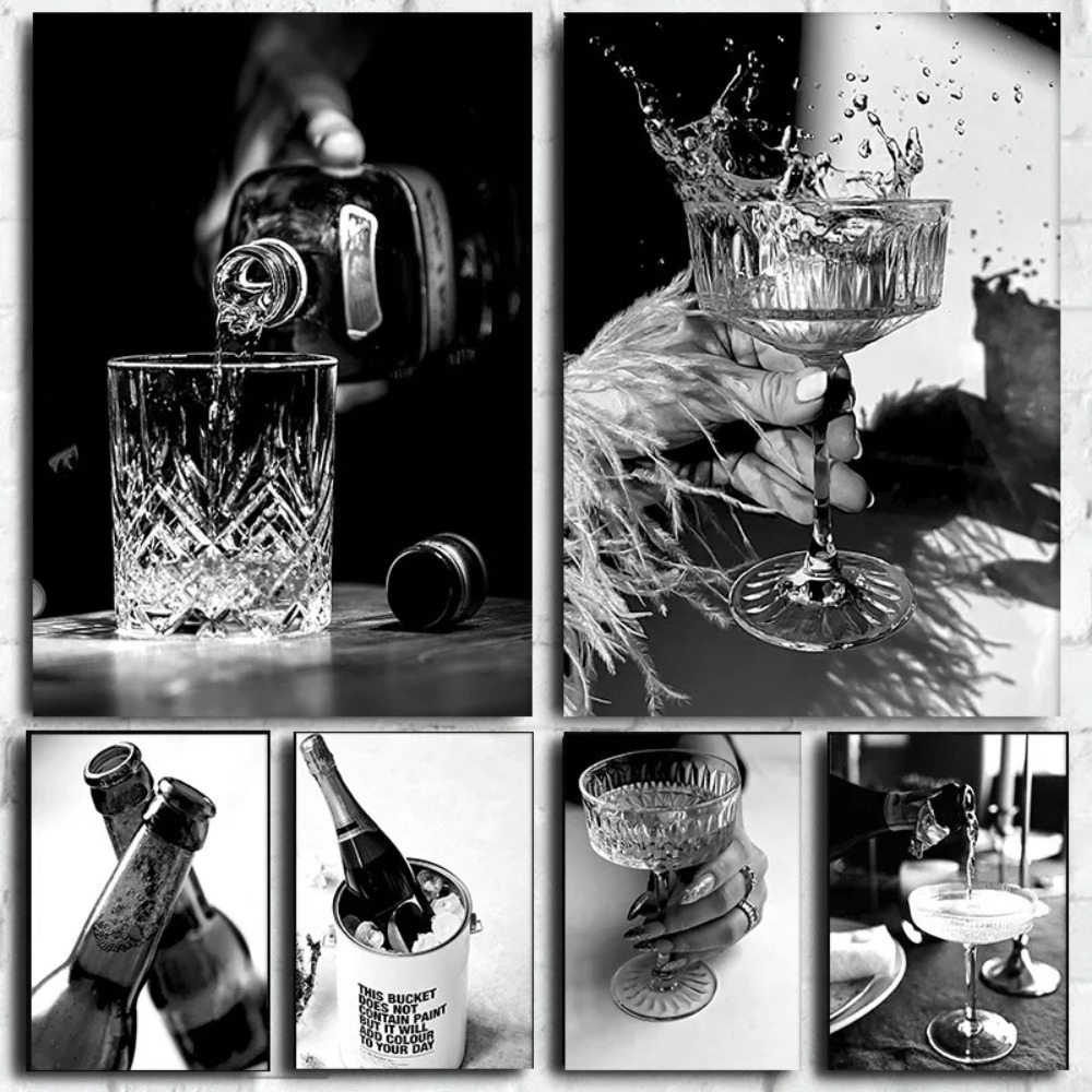 Whisky Beer And Wine - แก้วไวน์แชมเปญบาร์สีดำและสีขาววิสกี้โปสเตอร์ความละเอียดสูงศิลปะบนผนังภาพวาดผ้าใบห้องนั่งเล่นตกแต่งบ้าน