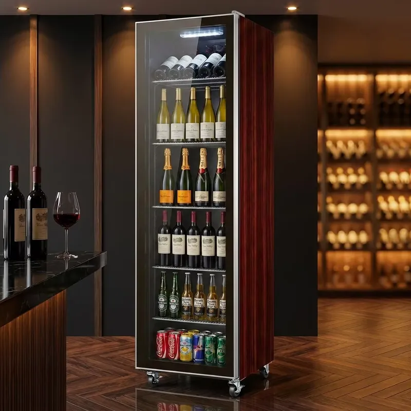 Wine Beer Cooler Fridge - ตู้แช่ไวน์และเครื่องดื่มแบบตั้งตรง ประตูเดียว กระจกใส ตกแต่งด้วยไม้โรสวูด พร้อมใบรับรอง YWM